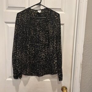 Converse One Star Womens Black Tan Abstract Print Sheer Pintuck Henley Blouse‎ L